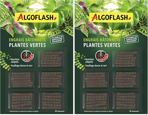 Algoflash Bâtonnets Engrais Plantes Vertes, Utilisable en Agriculture Biologique - 30 Bâtonnets, Marron (Lot de 2)