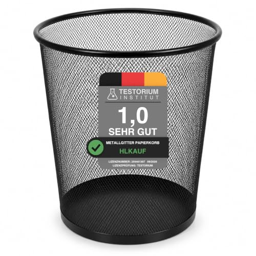 Metall Papierkorb 1er aus Drahtgeflecht – Rund, 28 cm Höhe & 26,5 cm Durchmesser – Stabiler Mülleimer für Büro, Home-Office & Haushalt – Schwarz & HLKauf-Block