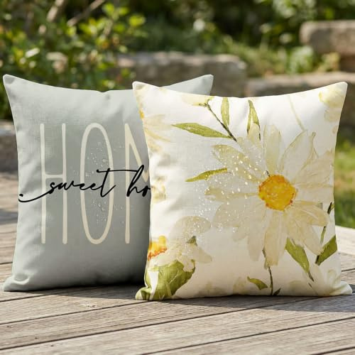 Vorysum Outdoor Kissenbezug 40x40 cm 2er Set Weiß Blumen Wasserfest Dekokissen Grau Modern Dekorative Blumen Kissenhülle Sommer Sofakissen für Garten Sofa Balkon, Camping