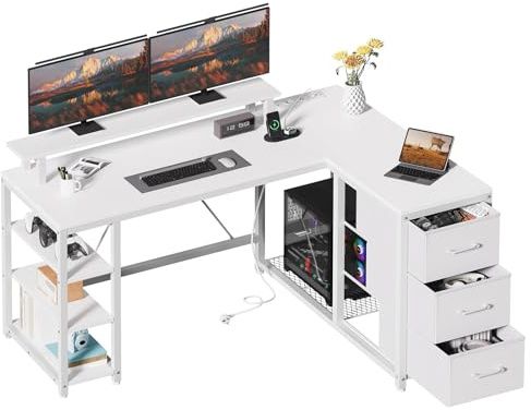 RALGEND Scrivania Angolare con 3 Cassetti e Prese di Corrente | Forma Compatta a L con Supporto Monitor e Spazio di Archiviazione per Ufficio, Bianco