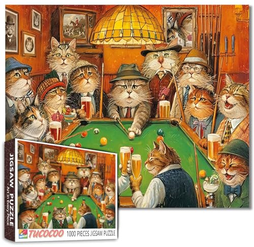 Cat Party Puzzle Cat Beer Snooker Jigsaw Funny Animal Interior Scene 1000 Pieces for Adults Beginner Challenging Family Activity Games DIY Crafts Puzzle for Home Decor Gifts