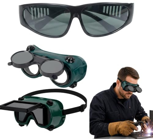 3 Stück Schweißbrille, Schweißerbrille, Zwei Doppelschwenk Schweißbrillen und Eine Graue Schweißbrille, Praktische Schutzbrillen für das Schweißen, Für Handwerker, Heimwerker und Schweißer, Grau, Rund