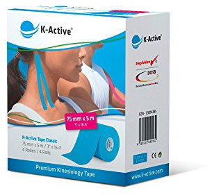 K-Active wasserabweisendes und hypoallergenes Kinesiologie Tape Classic blau 75 mm x 5 m, breite Rolle - Erweitert die therapeutischen Möglichkeiten, 4 Rollen