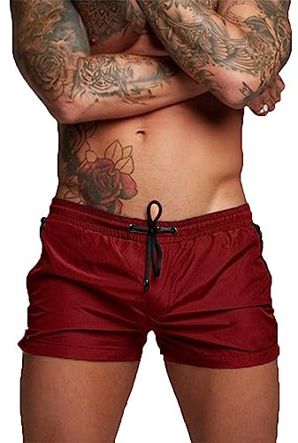 TMEOG Badehose für Herren Schnelltrocknend Badeshorts Kurz Herren Badehose Männer Schwimmhose Boxer Badepants Wassersport Kurze Hose Schwimmshorts mit Reissverschluss(Weinrot, L)