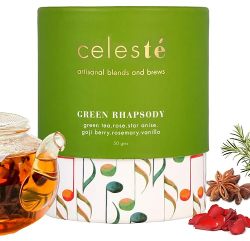 CelesTe Green Rhapsody, Goji Berry Tea - Premium Blend of Natural Vanilla, Rosemary, Rose and Star Anise Natural Loose Leaf Green Tea (50gm) (20 Cups)