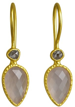 Rose Quartz and Diamond Gold Plated Sterling Silver Drop Earrings - Natural Gem Gemstone - Birthday Valentine's Mother's Day Gift - Handmade Jewellery Gift Ideas for Women (rose-quartz)