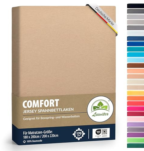 leevitex® Premium Spannbettlaken 180x200-200x220 cm - 40 cm Steg - auch für Boxspringbett & Wasserbett | 100% Mako-Jersey-Baumwolle | ÖKO-TEX | 170g/m² | Sand/Cappuccino