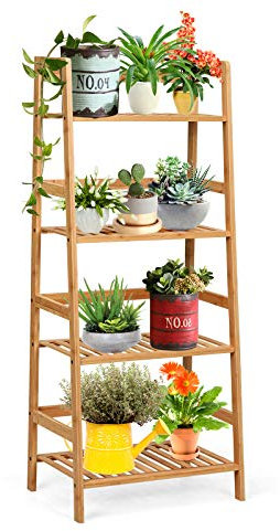 COSTWAY Standregal mit 4 Ebenen, Leiterregal aus Bambus, Bücherregal Pflanzenregal Balkonregal Blumenregal Treppenregal Baderegal Eckeregal Holzregal Stufenregal 48x32x115cm (Natur)