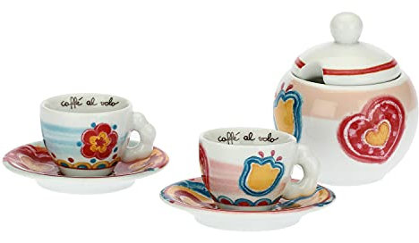 THUN - Set 2 Tazzine caffè e Zuccheriera - Cucina, caffè al Volo - Idea Regalo - Linea It's Time for Fiesta- Porcellana - Tazzina Ø 6,5 cm;110 ml; Piattino Ø 11,5 cm; zuccheriera Ø 5,5 cm, 0,27 l