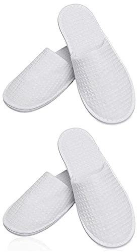 Bamboopack 2 Pairs Waffle Closed Toe White Spa Slippers - Disposable for Men and Women, Hotel Guest, Any Parties