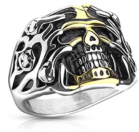 Paula & Fritz® Ring Herren Totenkopf Ornamente Gold-Silber 316L Chirurgenstahl Größe 64 (20,4) Silber Verlobungs-Ring Herren-Ring Partnerring Ehering