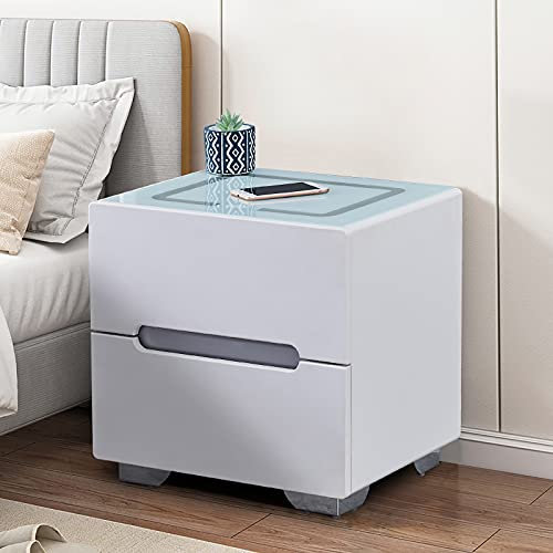 CLIPOP Smart Bedside Table with LED Light, Wooden 2 Drawer Night Stand with Wireless Charger and Tempered Glass Top Bedside Cabinet for Living Room Bedroom