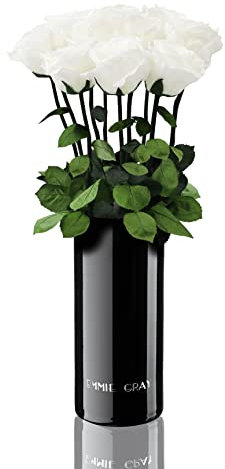 EG EMMIE GRAY Classic Vase Set | Long Stem Infinity Rosen inklusive schwarzer Glasvase - Luxuriöser Rosenstrauß aus echten Premiumrosen, 1-3 Jahre haltbare Rosen, (Pure White, 10 Rosen)