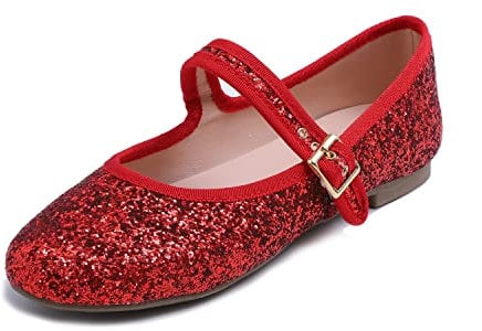 Feversole Women's Soft Breathable Mary Jane Memory Foam Cushioned Comfort Round Toe Metal Buckle Flats Walking Shoes Red Glitter Size UK 5
