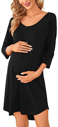 KOJOOIN Chemise de nuit d'allaitement pour femme avec boutonnière pour naissance en coton pyjama pour femme enceinte (emballage multidirection), Noir(manches 3/4), XL