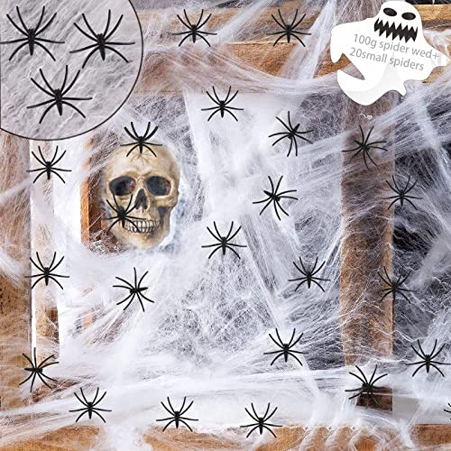 Halloween Deko, 100g Spinnennetz Halloween Deko mit Gefälschte Spinnen, Halloween Spinnennetz Outdoor Horror Spinnen und Weiß Spinnennetz, für Halloween Party und Deko Draußen Tür Fenster Kamin