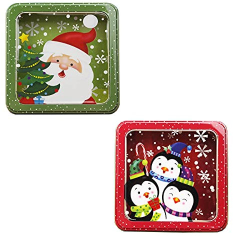 Smavles Christmas Cookie Box with Window, 2Pcs Christmas Tinplate Empty Tin Square Candy Cookie Gift Storage Container Box Penguin Santa Claus Tinplate Box for Xmas Party Supplies