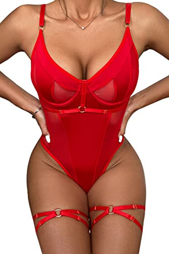Aranmei Body para mujer, top sexy con aros con entrepierna a presión con correas de pierna y tanga, conjunto de lencería, Red, M