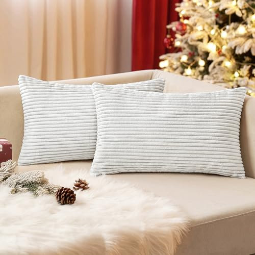 EMEMA Kissenbezug 30x50 cm Kordsamt Kissenbezüge Dekokissen Sofakissen Cord Kissenhülle Zierkissenbezug Kord Dekorative Weiche für Sofa Wohnzimmer Schlafzimmer 2er Set Reines Weiß