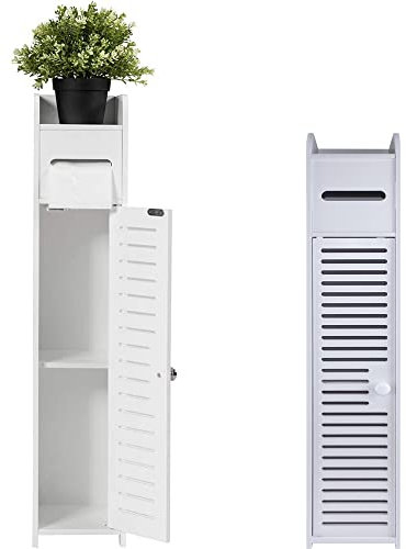 Bathroom Floor Cabinet, Home Storage With Doors and Shelves, Free Standing Tall Slim Side Organizer, Waterproof Kitchen Storage Rack, White Pantry, 16 x 15 x 80 cm