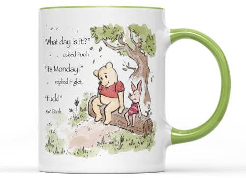 SMARTYPANTS Sarcastic Winnie The Pooh and Piglet Mug Tea Coffee Cup - Watercolour Novelty Cute Sweet Funny Rude Swear Quote Best Friend Pig Bear Home Gift Present (Light Green Handle Prime)