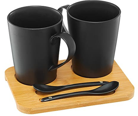 AMBITION Kaffeebecher Set Porzellan schwarz matt Kaffeetassen Set 450 ml 2er mit Bambusbrett Teelöffel Natural Kollektion
