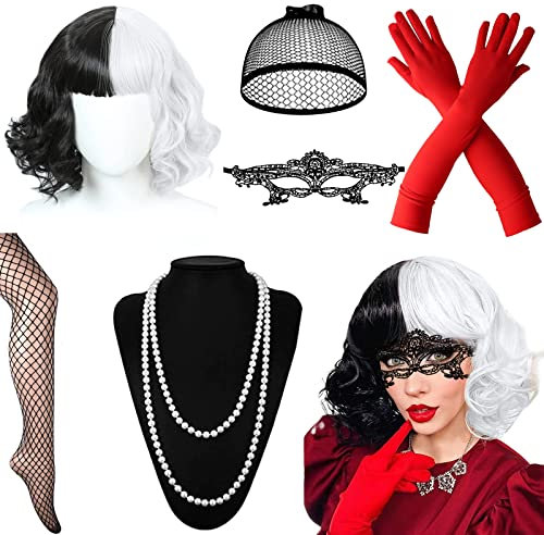 HEAWAA Cruella Perücke Kostüm für Damen, 7Pcs Halloween Accessoires mit Kurz Schwarz Weiß Perücken Spitze Maske Handschuhe Halskette Netzstrümpfe für Cosplay Fasching