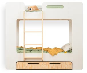 SMARTWOOD Kinderbett Mimi DL - Leiter Links Etagenbett 70x160 mit Lattenrost und Rausfallschutz - Kinderbett mit schubladen - Montessori Bett mit Rausfallschutz und Lattenrost - Weiß 70x160cm