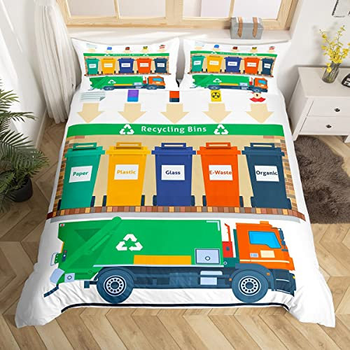 Recycling Trash Truck Duvet Cover Single Size Creen Garbage Truck Comforter Cover For Kids Boys Girls Teens Colorful Recycling Bins Bedding Set Waste Man Gement Themed Bedspread Cover 2 Pieces