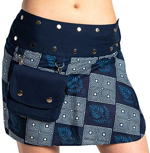 Damen Minirock aus Indien mit Tasche und 2 Mustern zum Wenden, Sommerrock kurz, Wenderock, Wickelrock Goa Gypsy Hüftschmeichler Rock - mit 18 Nieten Druckknöpfen, flexibel, Indigo