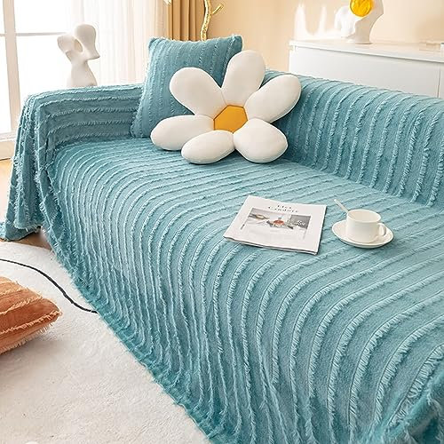 Mesnt Sofabezug 4 Sitzer Big Sofa, Chenille Couchschutz für Haustiere Einfarbig mit Plüschstreifen Krickente, 180x320CM