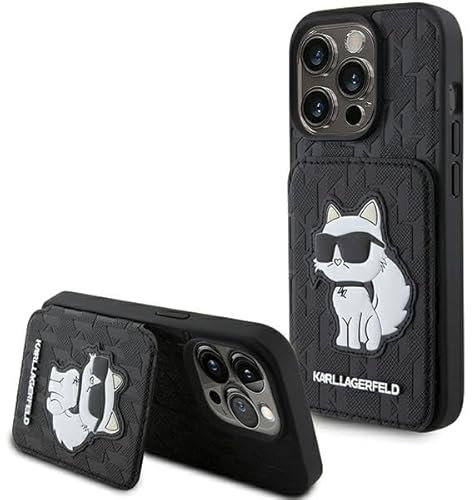 Karl Lagerfeld KLHCP15LSAKCNSCK Hülle für iPhone 15 Pro 6.1 Schwarz hardcase Saffiano Cardslots and Stand Monogram Choupette