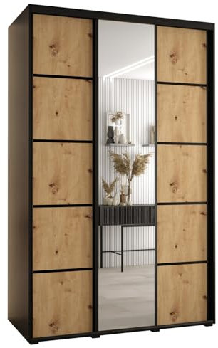 MEBLE KRYSPOL Davos 5 150 Schrank mit DREI Schiebetüren für Schlafzimmer - Moderner Schrank mit Spiegel, Kleiderstange und Regalen - 235,2x150x60 cm - Schwarz Artisan Schwarz