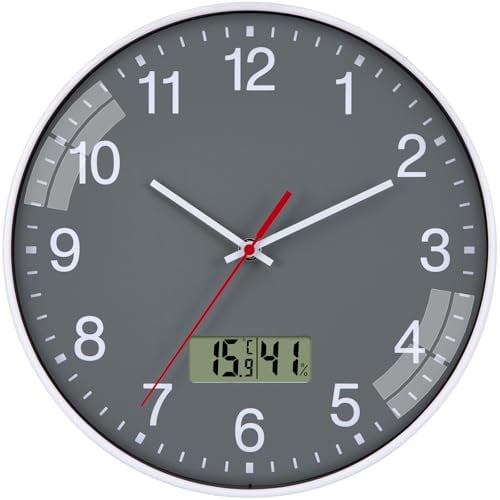 Warminn Digital LCD Küchenuhr Wanduhr mit Thermometer und Hygrometer Lautlos 30cm Quarz Groß Batterie Betriebene Einfach zu Lesen für Zimmer Zuhause KüChe Schlafzimmer Büro Schule