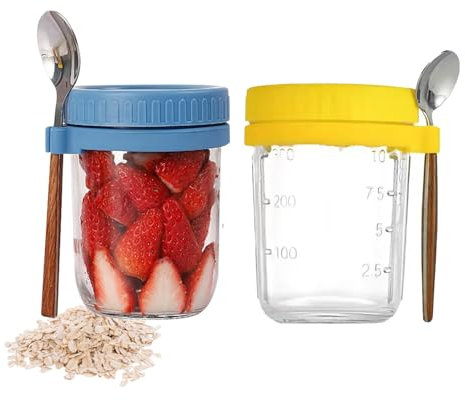 Senshuomy Overnight Oats Jars with Lids and Spoon,10 oz Airtight Breakfast Jars with Measurement Marks,Mason Jars with Lid for Salads Cereal Milk Porridge Fruit(2 Pack/Blue&Yellow)