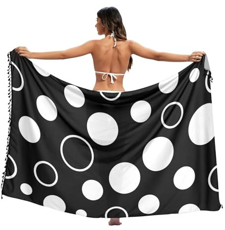 RPLIFE Badeanzug mit schwarzen weißen Punkten, Sarong, Bade-Sarongs für Damen, lang, Quasten-Sarong, Pool-Sarong, Schwarz mit weißen Punkten, Large