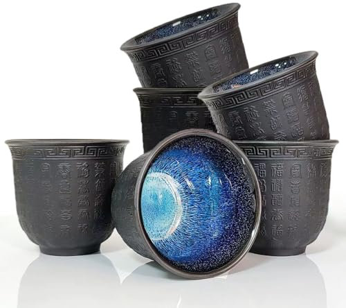 NIUKOMY Juego de 6 Taza de Té Japonés, Taza de Té Chino Kung Fu Porcelana, Tazas Pequeña Sin Asa de Cerámica, Chinese Tea Cup en Relieve Texto de la Buena Suertea 160 ML Negro
