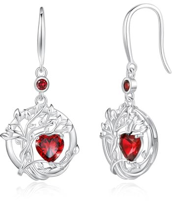 FANCIME Lebensbaum Granat Ohrringe für Damen 925 Sterling Silber Baum des Lebens Ohrstecker Hängende Schmuck Geschenke für Damen Frauen Mädchen
