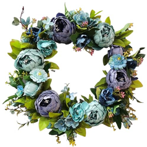 Spring Summer Flower Wreaths,Floral Hydrangea Peony Wreath,Artificial Eucalyptus Green Leaves Farmhouse Wreaths,Decorated Wreath Peony for Front Door Wall Window Wedding Party Decoration(Blue)