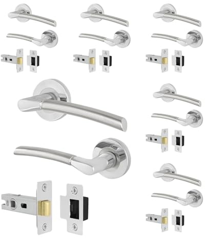 EAI Polished Chrome Door Handles with Latches, 6 Pack - Bova | Complete Latch Kit with 6 Pairs of Round Rose Door Handles, 64mm Latches, Fixings Included