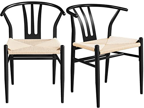Yaheetech 2pcs Sillas de Comedor Silla de Ratán Estilo Moderno Marco de Metal para Jardin, Comedor, Bar y Restaurante 74x56x55 cm Negro