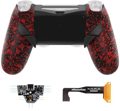 eXtremeRate Dawn Remap Kit pour ps4 Slim Pro Manette,Coque Manette Arrière Redessinée pour ps4 Slim Pro JDM040/050/055 avec 4 Palettes Boutons Arrière&6 Profils Remappage-Texturé Rouge(Port Type-C)