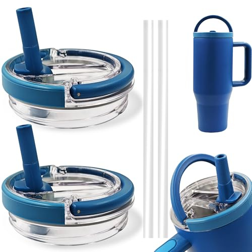 2 Pack 40 oz Tumbler Flip Straw Lid Replacement fit for Stanley Quencher, Leak-Proof Splash Resistant Tumbler Lids with Handle,Reusable Tumbler Cover for Stanley Cup (Dark Blue)