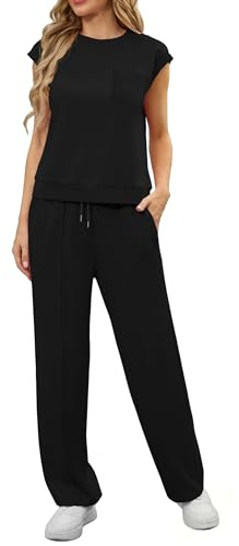 GRECERELLE Conjunto de dos piezas de chándal para mujer Trajes de verano Conjunto casual Cuello redondo Mangas abullonadas Tops y pantalón de chándal con bolsillos, Negro , XXL