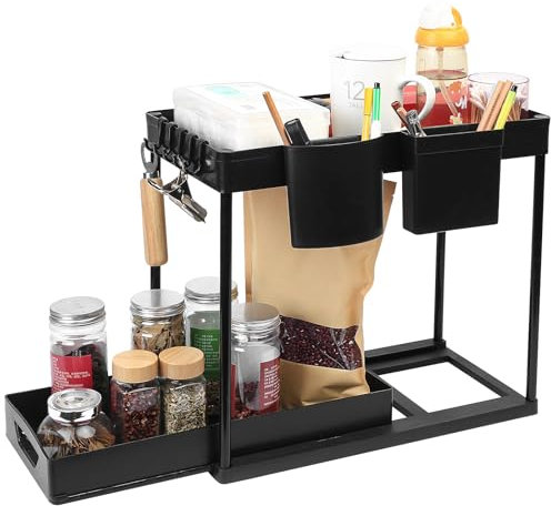 SZYILIDA Estante Cocina Fregadero, 2 Niveles Fregadero Cocina, Estanterias Almacenaje Cocina, Bajo Fregadero Cocina, Extraible Cocina de Almacenamiento