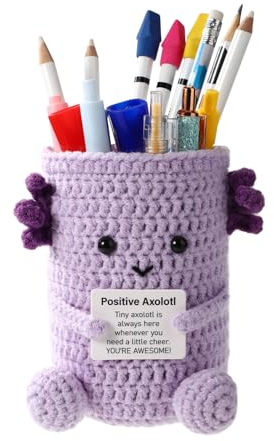 Lyreh Positiver Axolotl Gehäkelt Stifthalter, Kreativer Axolotl Emotionalen Unterstützung Häkel Stifteköcher mit Inspirierender Karte zum Halten Stiften Schreibwaren Make-Up-Pinseln(Lila)
