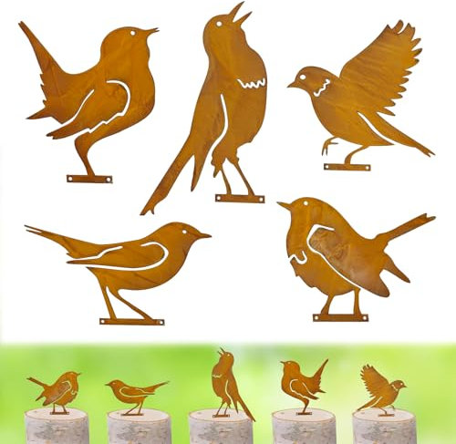 NYZQIW 5 Stück Rostiges Vögel Deko Rost, Rost Vogel Gartendeko, Metall Vogel Stecker, Edelrost Gartendeko Vintage, Deko für Gartendekoration Bäume Pfähle oder Zäune