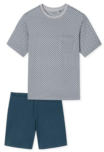 Schiesser Herren Schlafanzug kurz Comfort Essentials Silber Blau Gemustert Brusttasche Rundhals Dunkelblaue Shorts Single Jersey Baumwolle 181155-206