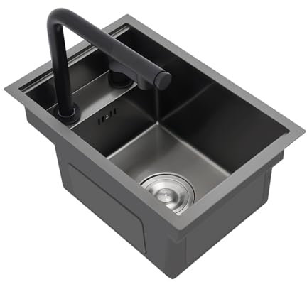 Tagtuell Fregadero negro, fregadero de cocina, lavabo individual con grifo, fregadero de acero inoxidable, fregadero empotrado, fregadero invisible para bar de cocina, fácil de limpiar