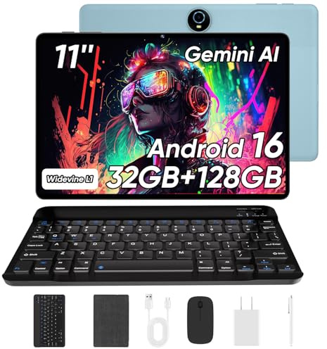 11 Inch Android 16 Tablet with Keyboard, 32GB RAM 128GB ROM, 8000mAh, Blue | Android 16 11 Inch IPS screen, 32GB RAM 128GB ROM 1TB expansion, 8000mAh battery, WiFi 6, 5/8MP camera, mouse, stylus, case